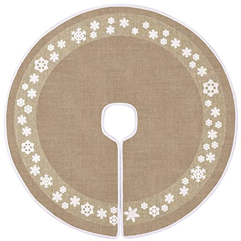 Christmas Burlap Tree Skirt, 75cm/30 Inches Tree Mat with Snowflake Xmas | Rustic hessian, velcro closure. Fits 30 inch Christmas trees. Foldable. Lightweight. Ideal for Xmas Holiday Home Decoration