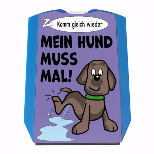 speecheese Hund muss mal! Parkscheibe in lila mit 2 Einkaufswagenchips mit pinkelndem Hund sowie Eiskratzer und Wasserabstreifer als lustiges Geschenk für Hundebesitzer