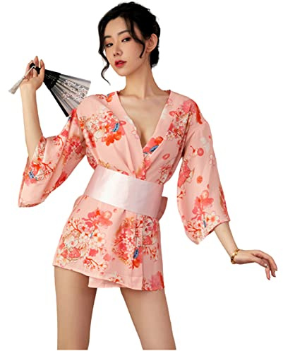 HNYBD Kimono japonais pour femmes Robe traditionnelle sexy Lingerie Yukata Costumes pour dames Pyjamas, rose clair, Taille unique