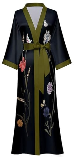 EORUBE Damen Morgenmantel Lange Satin Kimono Robe Blumen Muster | Seidiger Bademantel Brautjungfer Hochzeit Bachelorette Party Morgenmantel