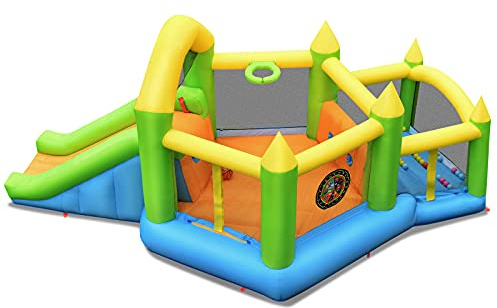 COSTWAY Aufblasbare Hüpfburg mit Rutsche & Bällebad & Basketballkorb, Hüpfburgschloss Springburg Bouncer inklusive Tragetasche, Reparaturset, Erdspieße 477 x 241 x 208 cm (ohne Gebläse)