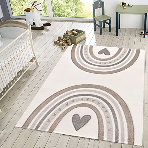 TT Home Kinderzimmerteppich Junge Mädchen Kinderteppich 3D Optik Herz Regenbogen, Farbe: Beige Creme Anthrazit, Größe:160x230 cm