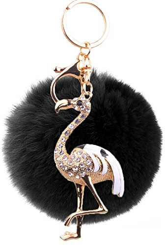 Canarea Schlüsselanhänger plüsch ball Taschenanhänger Mini Glitzer Tier strass Lange bommel Auto-Anhänger Plüsch-Kugel Keychain Dekor Pompom Weich Schlüsselring (Schwarz)
