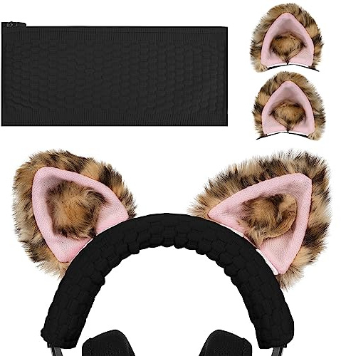 Geekria NOVA Knit Fabric Headband Cover and Cat Ears Attachment Set Compatible with Razer Kraken 7.1 v2, Sony MDR1ABT, MDR1AM2 Headphones(Leopard Print Pink)