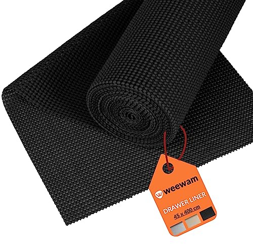WEEWAM 45 cm x 400 cm Alfombra Fondo de Cajón Cocina EVA, Rollo Protección de Cajones, Alfombra Antideslizante Adhesiva, Protección Cajón Cocina, Estantería, Armario, Armario Camping Car (Negro)