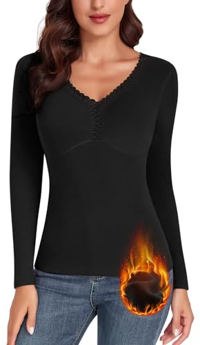 WOWENY débardeur Femme avec Dentelle Thermique sans Manches Hiver Chemise Thermique col en v Chaud Gilet Maillot de U14caraco,