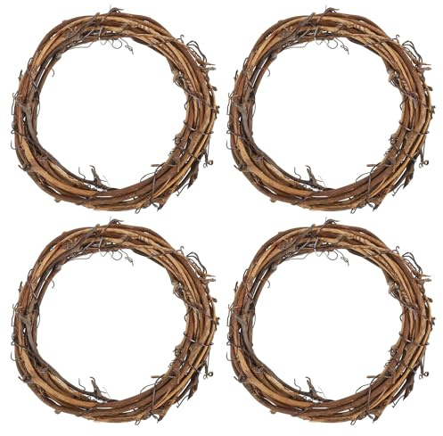 PATIKIL 4 Inch Rattan Wreath, 4 Pcs Christmas Round Natural Vine Branch Wreath Garland Floral Ring Hoop for Door Window Hanging Decorations, Brown