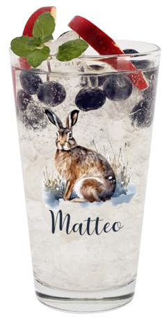 Herz & Heim® Trinkglas mit Wildtier Motiv und Wunschname bedruckt (Hase)