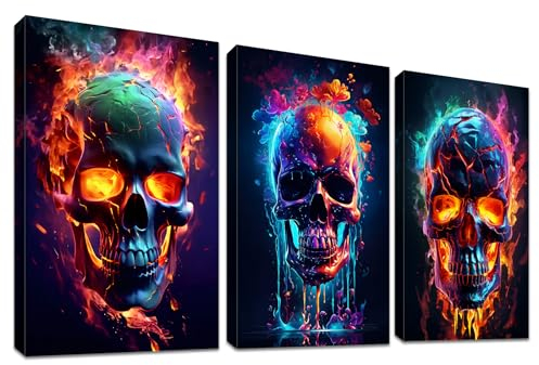 3 Panels Neon Flammender Schädel Mit Rahmen Leinwand Bilder Blumen Totenkopf Bild auf Leinwand Malerei Poster Wandbilder Wanddeko Wohnzimmer Schlafzimmer Dekorationen 90x40cm (12x16x3pcs)