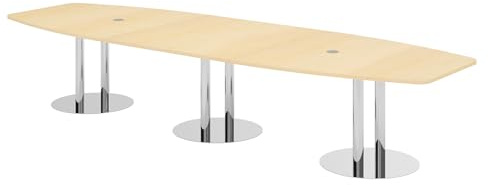 bümö Konferenztisch oval 400x130 cm großer Besprechungstisch in Ahorn, Besprechungstisch mit Chromsäulen, Meetingtisch für 14 Personen, XXL-Tisch für Besprechungsraum & Meeting