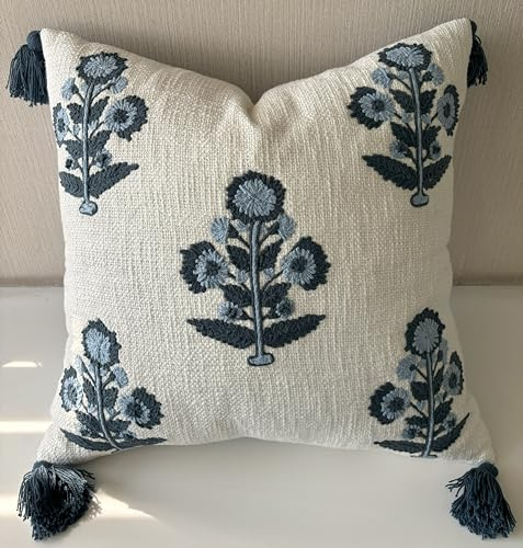 YugTex Hand Embroidered Pillow Cover - 20x20 Ivory Cotton Blue Floral Botanical - Russell Motif