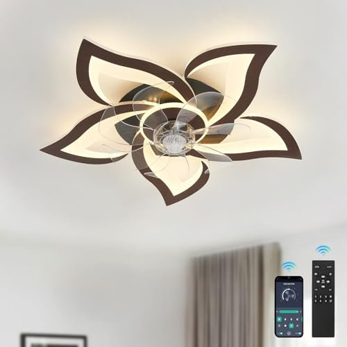 YFouCnd I Lampadario Con Ventilatore Da Soffitto LED Camera Da Letto Dimmerabile Lampada Ventilatore Soffitto Silenzioso DC Reversibile 6 Velocità Lampadario Ventilatore, Venatura Del Legno Scuro
