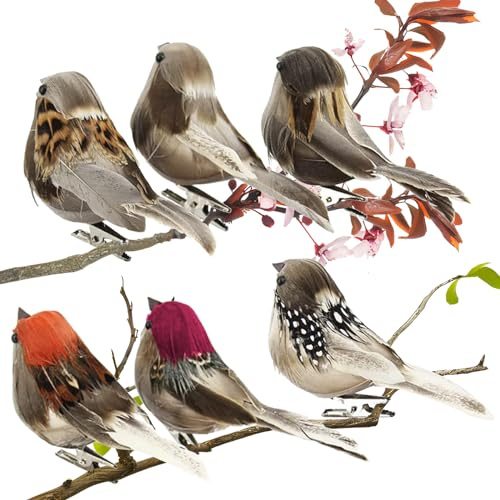 xlwen 6 Stück Künstliche Federvögel mit Clip,Deko Vögel mit Federn | Federschaum Künstliche Federvögel Spatz Ornamente mit Clips für Zweige, Osterdeko, Hochzeit, Weihnachten, Garten und DIY