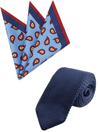 WANYING Herren 7cm Schmale Strickkrawatte & 33cm Einstecktuch Sets - Gestrickte Narrow Krawatte Binder Schlips Knit Tie - Dunkelblau Krawatte 02