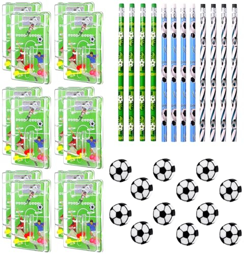 Yivom Set Cancelleria a Tema Calcio - 12 Matite, Gioco di Flipper e Gomme da Cancellare per Bambini, Ufficio e Scuola