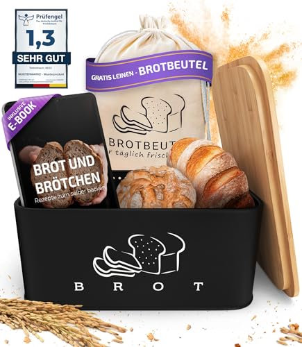 Brotkasten Schwarz – Brotbox mit Bambusdeckel als Schneidebrett [2in1 Brotbehälter]- inklusive gratis Brotbeutel Leinen - perfekte Brotaufbewahrung für lange Frische- Premium Brot Aufbewahrungsbox