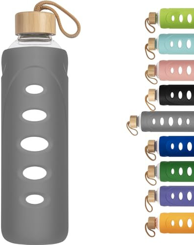 Ferexer 1 litre / 1l / 1000 ml Sport Borosilicate Glass Water Bottle with Protective Silicone Sleeve and Bamboo Lid (grey)
