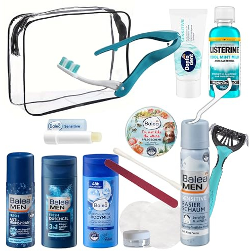 Travel Essentials im Handgepäck-freundlichen Pflege-Set – Transparente Kulturtasche gefüllt mit kleinen Kosmetik Produkten – Ideal als Carry-on Reisegrößen Set für die Flugreise (Männer)