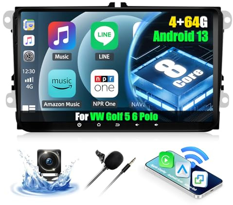 CAMECHO 4G+64G 8 Core Android 13 Autoradio für VW Golf 5 Polo Caddy Skoda mit Navi Carplay Android Auto Wireless, Doppel Din Radio mit 9 Zoll Bildschirm,Mirror Link RDS/FM Bluetooth 5.0+DSP