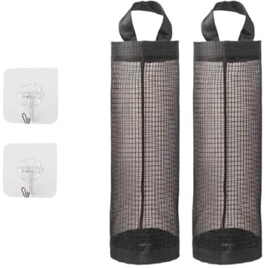 XXLKVSK 2Pcs Plastic Bag Holder, Carrier Bag Storage Holder with 2 Pcs Sticky Hooks, Breathable Mesh Hanging Grocery Bag Holder Dispenser Plastic Shopping Bag Dispenser for Home Kitchen