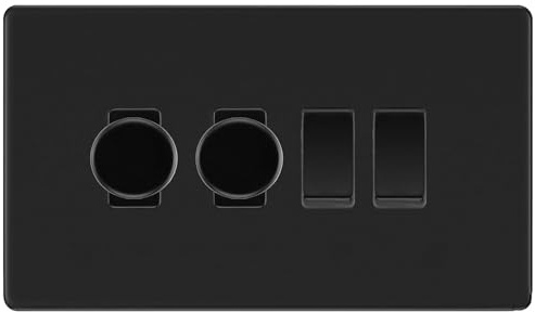 BG Screwless Flatplate Matt Black 4 Gang Grid Switch 2x Trailing Edge LED Dimmer 2x 2 Way