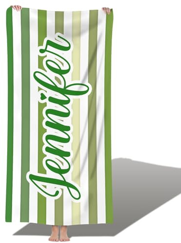 Jodimitty Streifen Strandtuch Personalisiert Name Mikrofaser, Sandfrei Schnelltrocknend Leicht, Farbe Muster Pool Bad Strandtuch für Erwachsene Kinder, 60x120cm/76x152cm/90x180cm (Grün)