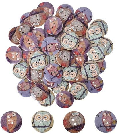 Lot de 50 Bouton Rond Bois, Bouton avec Motif Chouette de Qualité Supérieure, Boutons a Coudre 2 Trous, Boutons Vintage Mercerie, Diamètre : 3 cm, pour Couture, Loisirs Créatifs, Décoration