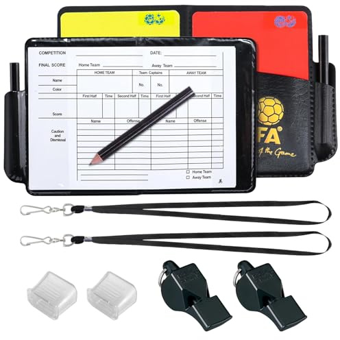 QMLING Kit de 2 tarjetas de árbitro de fútbol, rojo y amarillo, libro de puntuación con lápiz, silbato de árbitro con cordón, accesorios de fútbol para partidos deportivos