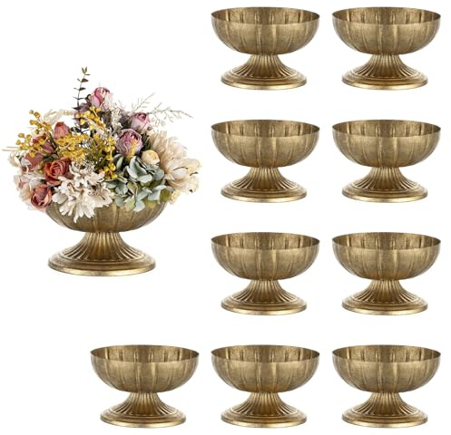NUPTIO Gold Compote Vase for Centerpiece: 8.5 Wide Short Pedestal Footed Bowl for Flowers - Distressed Brass Urn for Decorative Wedding Table Set of 10