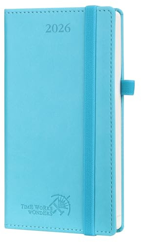 POPRUN Agenda de Poche 2026 Semainier 16,5 x 9 cm - Couverture Rigide en PU Cuir, Petit Planner D'Jan 2026 à Déc 2026-12 Mois, Avec signet à 2 rubans, Papier 80 g/m², Bleu vert