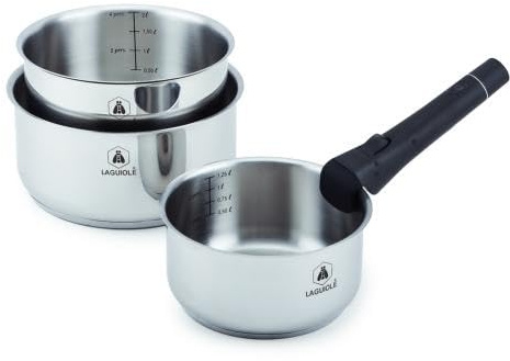 Set de 3 casseroles | Inox 18/10, 3 casseroles 16/18/20 cm, poignées amovibles, induction, four, gain de place, robuste, nettoyage facile, durable