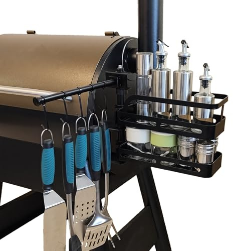 XOIEPZE Rotating Storage Bin for Pellet Smoker Grill – 180° Swivel, Adjustable Height, Detachable BBQ Accessories Organizer