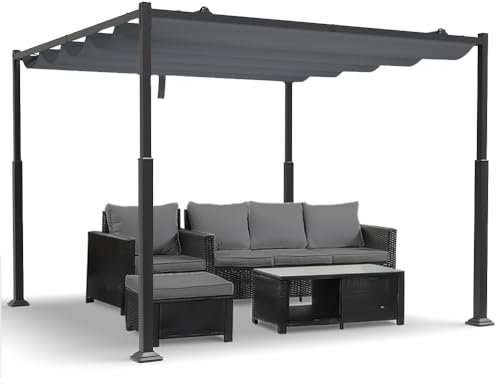 VOUNOT 3x3m Metal Pergola with Retractable Canopy – Garden Gazebo with Sun Shade for Patio & Outdoor Use, Dary Grey