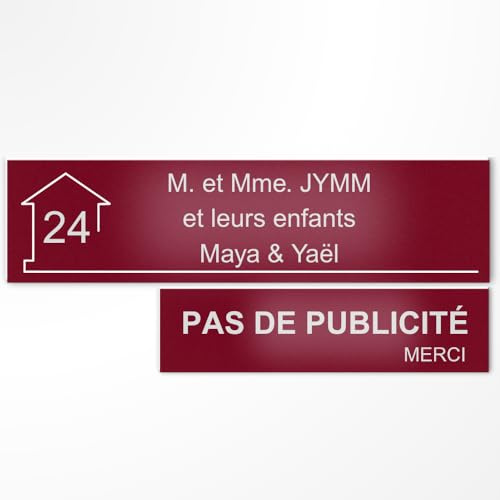 Plaque Boîte aux Lettres et Stop Pub Personnalisée Bordeaux/Blanc | Lot de 2 Plaques boîte aux lettres et Pas de Publicité , Gravure Laser, 22 Couleurs, Avec ou Sans Motif, Adhésif 3M