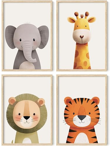 PACKLIST® 4er Set Kinderzimmer Bilder A4 – Safari Tiere Babyzimmer Deko Boho Stil – Wandbilder Löwe, Elefant, Giraffe, Affe – Kunstdrucke Premium 250g Papier – Beige & Erdtöne – Ungerahmt
