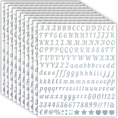 10 Blätter Glitzer Buchstaben Aufkleber Kleine, 2000 Stücke 13 mm Selbstklebende Buchstaben Zahlen Sticker, Klebebuchstaben Wetterfest Vinyl Alphabet für DIY Scrapbooking,Grußkartendekoration (Silber)