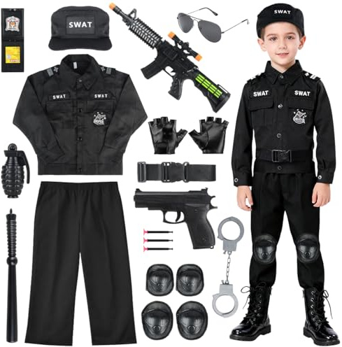 Fantspati Costume SWAT Enfant 14 Pièces - Déguisement Agent de Police avec Pistolet Électronique Son et Lumière, Badge et Accessoires - Jeu de Rôle pour Garçons et Filles 4-6 Ans (120cm)