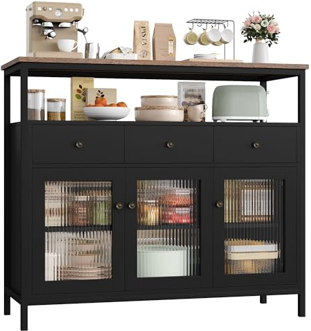 FirFurd Buffet Cuisine Meuble Cuisine Rangement Buffet Noir avec 3 Tiroirs 3 Portes Vitrées Trempés Étagère Réglable pour Salle à Manger Salon Cadre en Métal 108x38x98,5cm