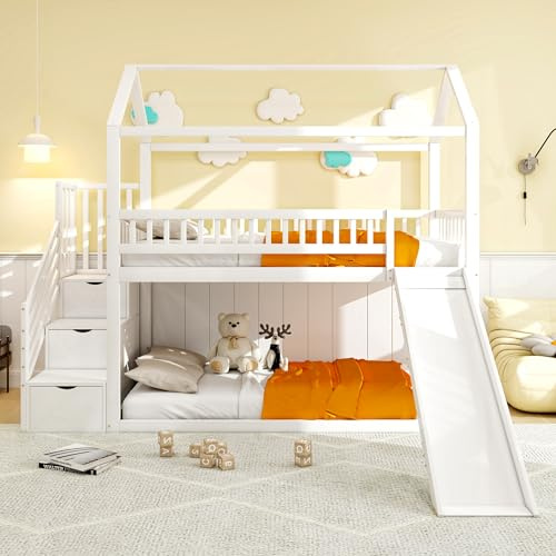 Letto a castello per bambini, 90 x 200 cm, letto a soppalco con scivolo e scala di stoccaggio, struttura alta in legno massiccio, rete a doghe (bianco)