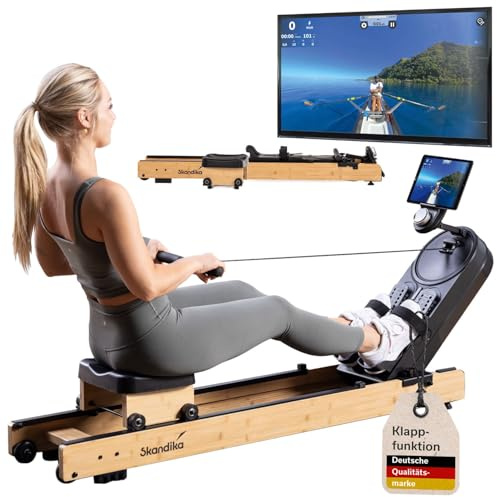 Skandika Rudergerät Rovek | Rudermaschine Holz, Rudergerät für Zuhause klappbar, Magnetwiderstand mit 32 Stufen, Kinomap App kompatibel, aufstellbar, bis 195 cm (Hellbraun)