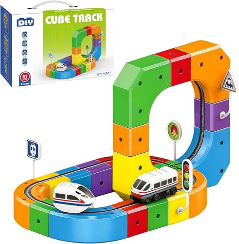 Elektrischer Zug Bausatz mit magnetischen Schienen | 3D-Strecken & USB-Aufladung | Modulares DIY-System für kreative Spiele，Förderung Motorik & Fantasie (51 PCS)