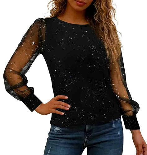 CUVZORA Pailletten Glitzer Oberteile Damen Elegant Sexy Casual Langarmshirt Festliche Bluse Tunika Oberteil für Silvester Party Mode Trendy Bluse Damen Glitzer Oberteile Elegant für besondere