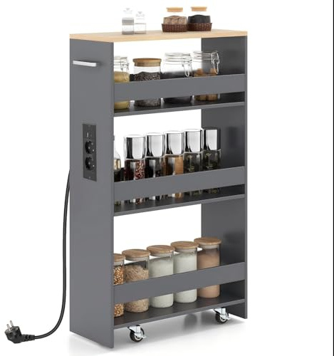 KOMFOTTEU Carro de Cocina de 4 Niveles (Gris y Natural, 47x20x80cm) | Carrito Auxiliar con Estación de Carga, Carrito Estrecho Ahorra Espacio con 4 Ruedas, Mueble de Almacenaje para Baño