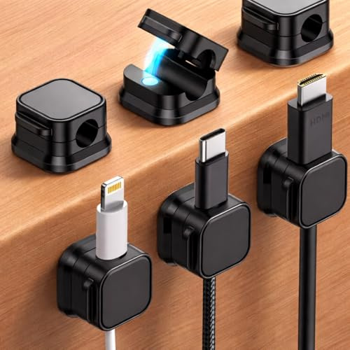 6 Pack Magnetic Cable Tidy Clips – Adjustable Cord Organiser, Self Adhesive Wire Holder for Desk, Nightstand, Charging Cables, HDMI, USB & Audio, Home & Office (Black)