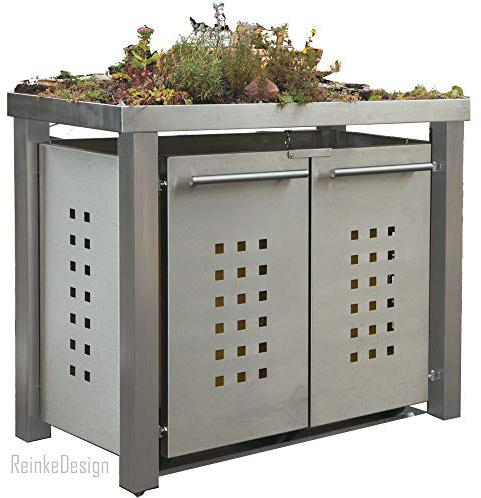 reinkedesign Mülltonnenbox 2 x 120 l | Typ E | Pflanzenwanne, Edelstahl, Edelstahlpfosten | T-Design | Made in Germany