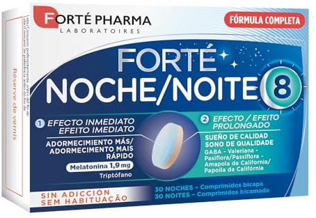 El placer de dormir toda la noche. FORTÉ NOCHE, 30 Comprimidos - Forté Pharma | Melatonina de doble liberación con L-triptófano, GABA, valeriana y pasiflora para favorecer el sueño nocturno continuado