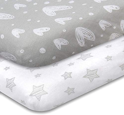 Spannbettlaken für Reisebett 95x65cm, 2er-Pack, 100% Jersey-Strick-Baumwolle, ultraweich und atmungsaktiv, passend für Red Kite & Graco Reisebett, grau bedruckt