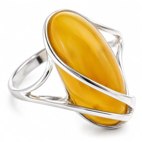 Äkta baltisk bärnsten och 925 sterling silver modern designer justerbar ring - GL423, Silver, Butterscotch bärnsten