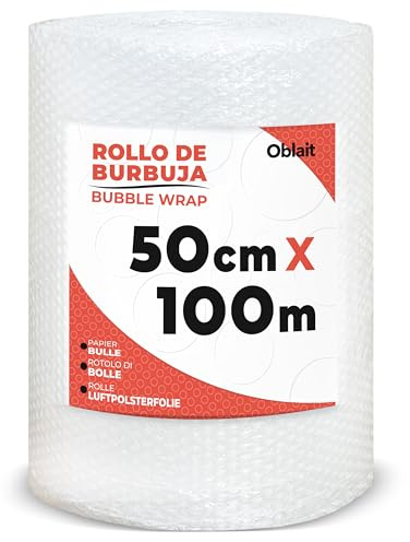 Rollo de plástico de burbujas de 50 cm de ancho y 100 metros de longitud. Papel burbuja Ideal para embalaje, mudanzas, cajas.