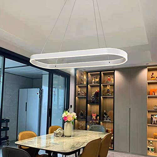 Pendelleuchte Modern Oval Esstischlampen LED Büro Hängeleuchte Dimmbar Wohnzimmer Deckenleuchte Höhenverstellbar Schlafzimmer Deko Hängend Lampen für Küche Bar Esszimmer Deckenlampe (Weiß, L120CM)